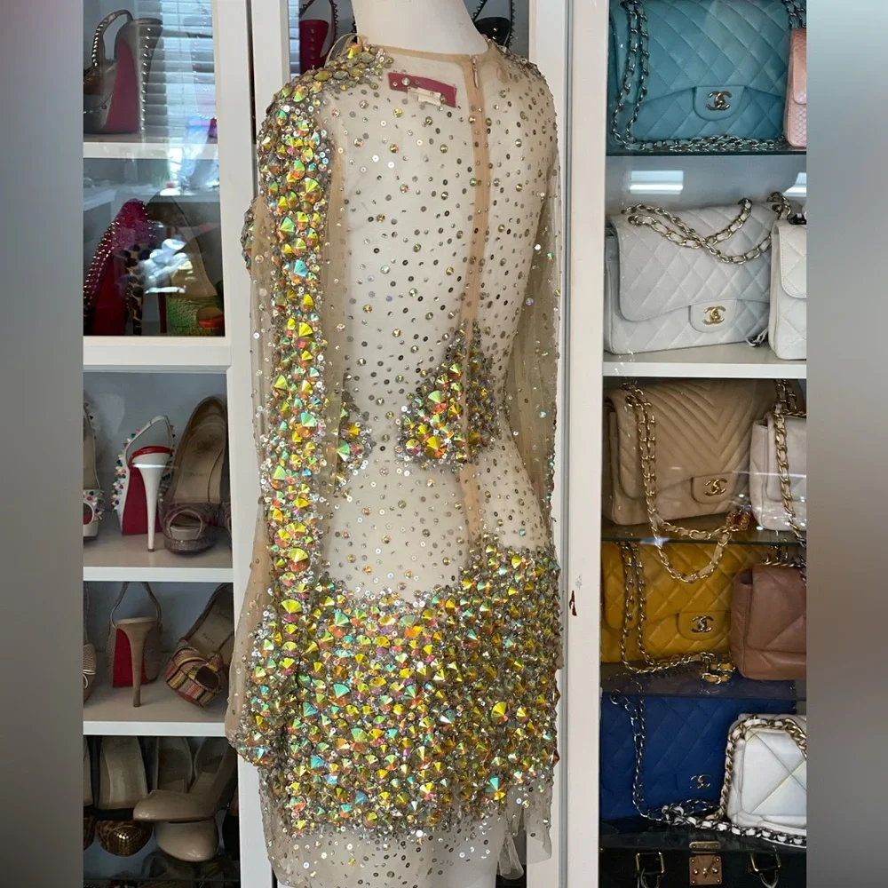 JOVANI 8 long sleeve shirt cocktail dress sheer mesh Crystal sequin NYE dress - Picture 8 of 14